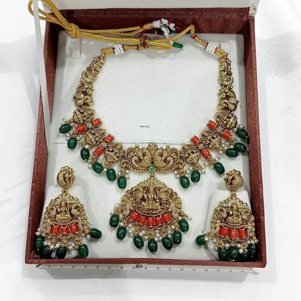 Nakshi work with Coral Beads Necklace - Nakshatra Jewels