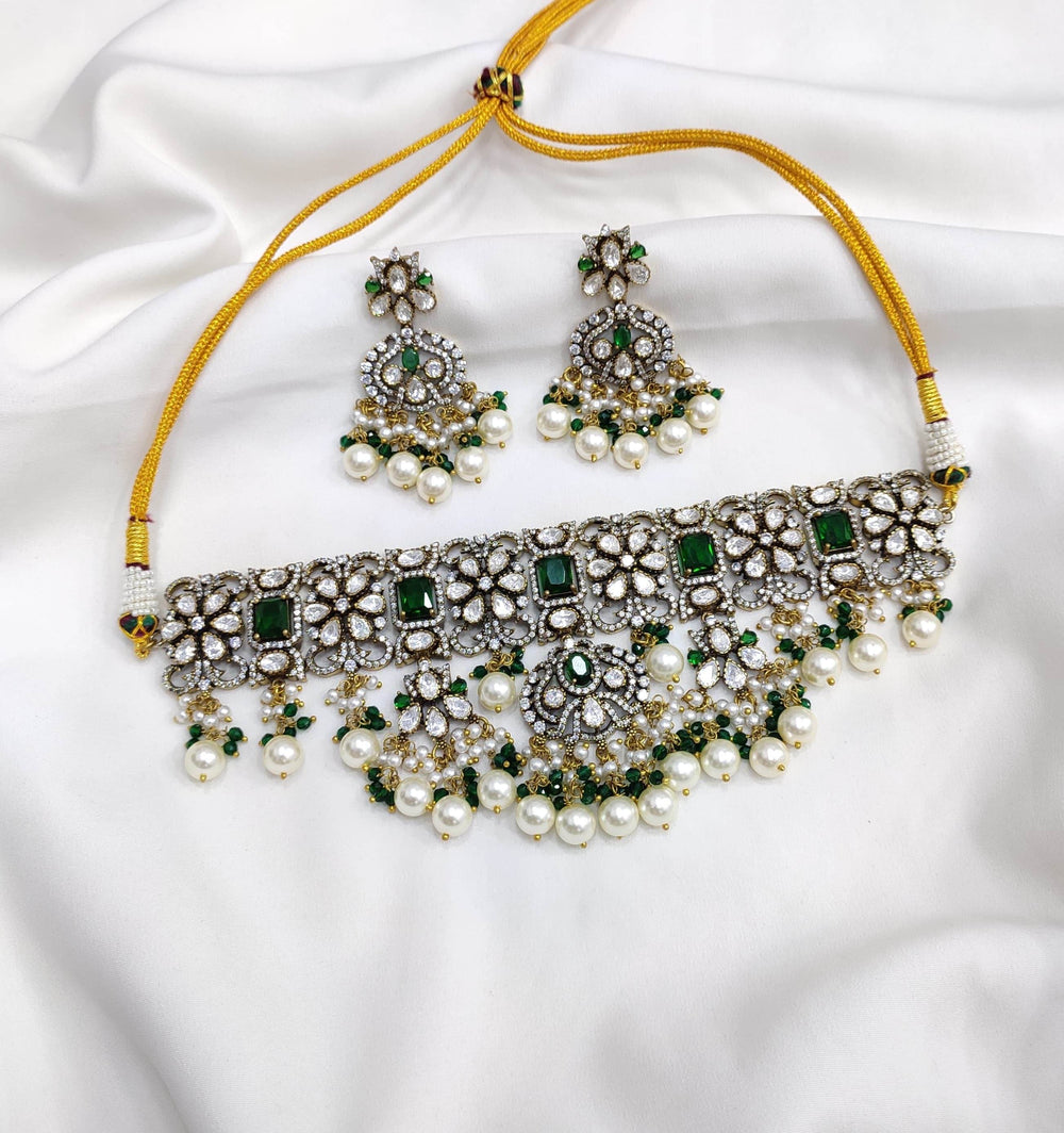 Victorian Polish with Moissanite & AD Stones Choker - Nakshatra Jewels