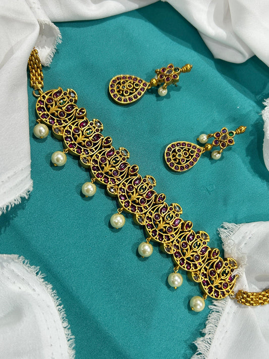 Nakshi Work with Kempu Stones Choker
