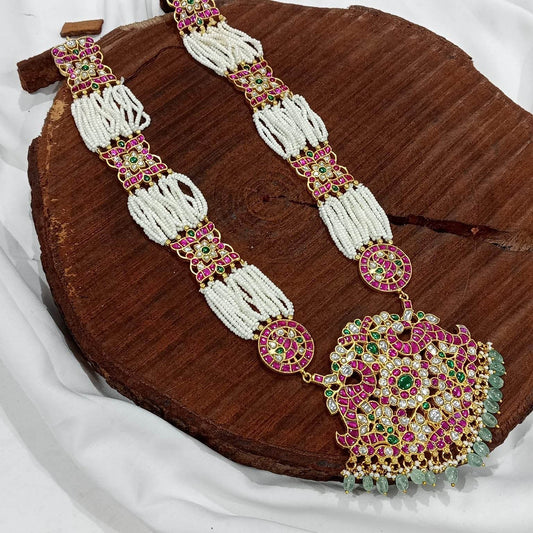 Jaadu Kundan Stones Bridal Pendent with Beads Haram - Nakshatra Jewels