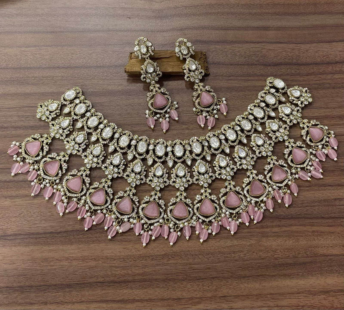Victorian Polish AD & Moissanite Stones Bridal Neck Set