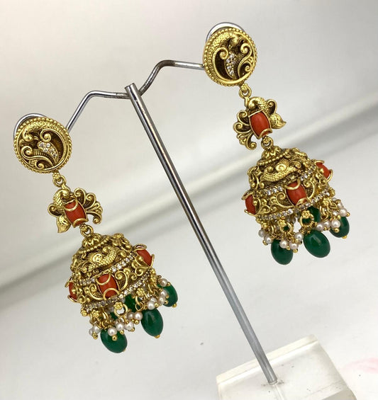 Nakshi Work with Coral Beads Earrings
