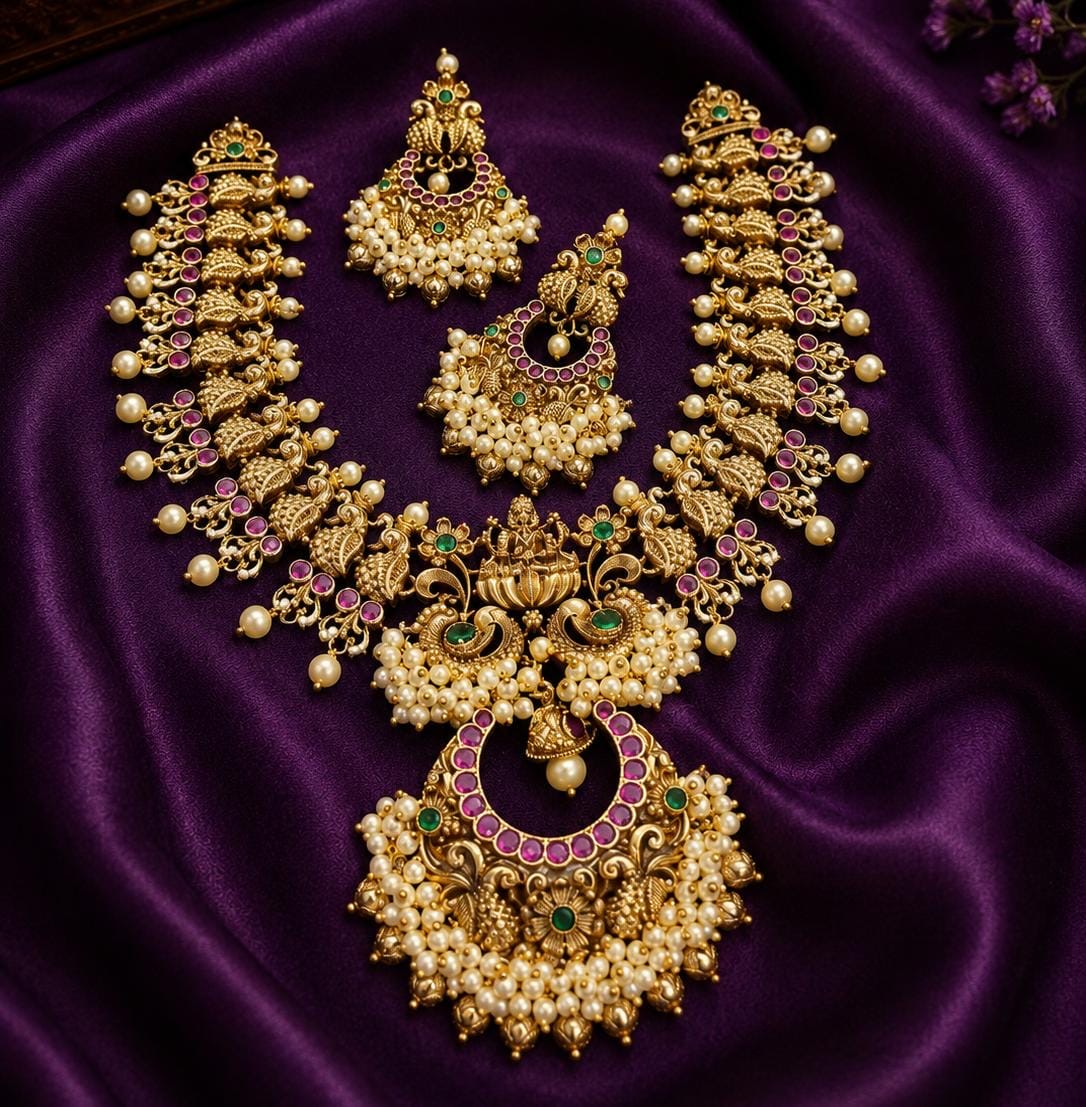 Nakshi Work with Kempu Stones Bridal Necklace