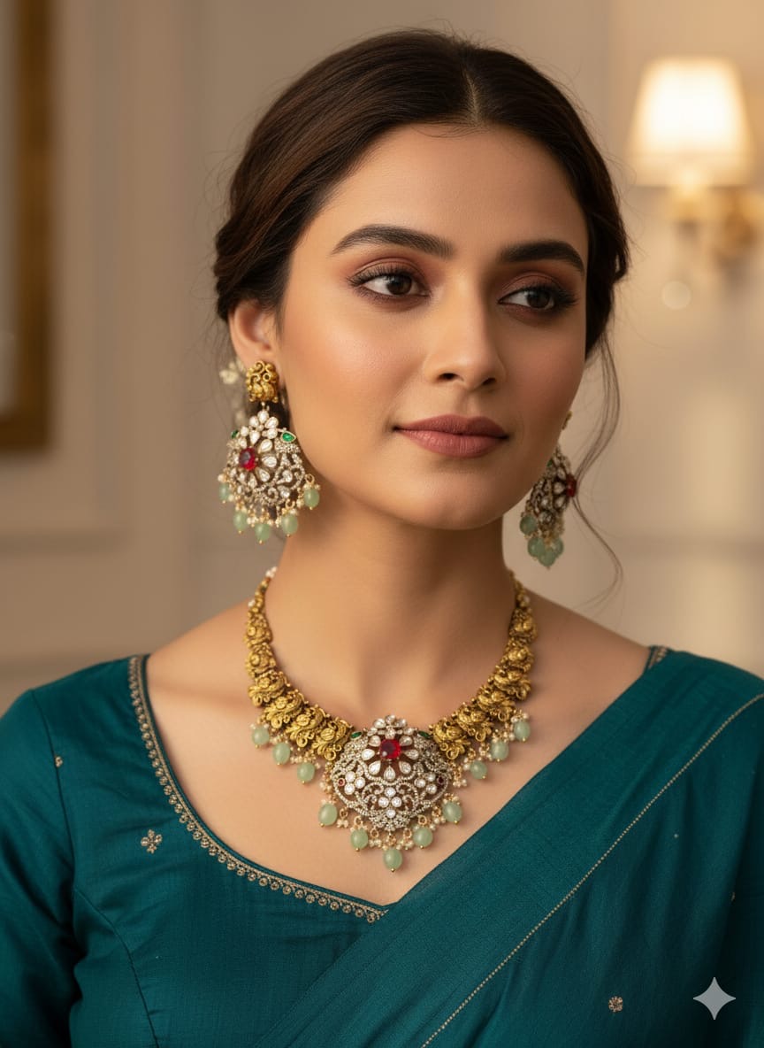 Mossianite Stones Pendent with Nakshi Work Necklace
