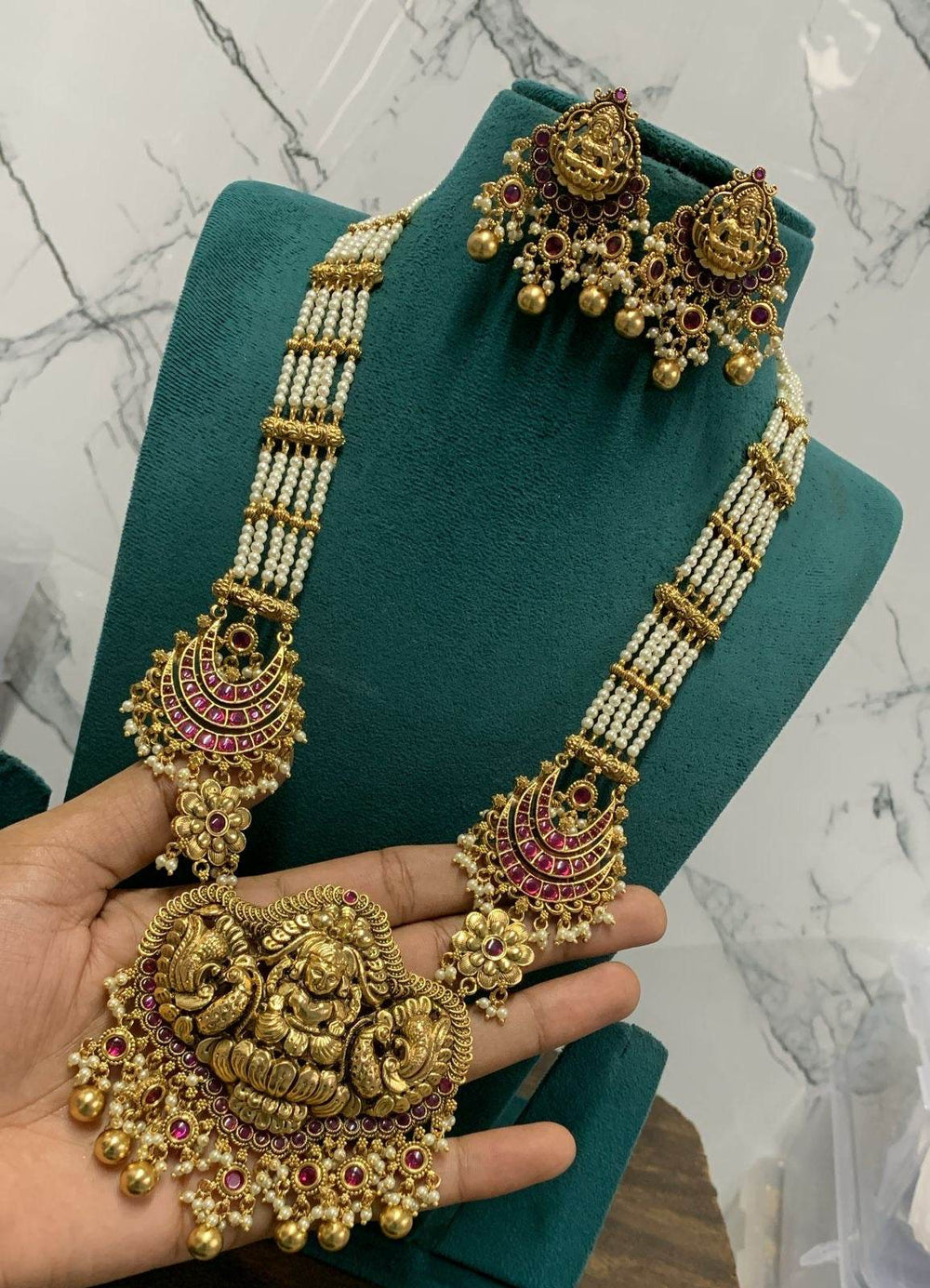 Nakshi Work with AD & Kempu stones Beads Haram - Nakshatra Jewels