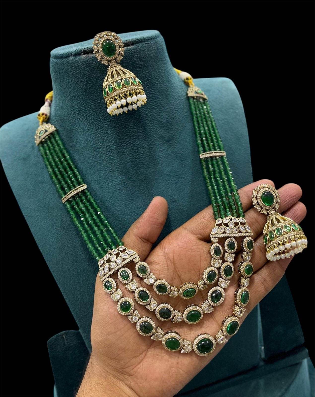 Victorian Polish AD Stones Pendent with Beads Haram - Nakshatra Jewels