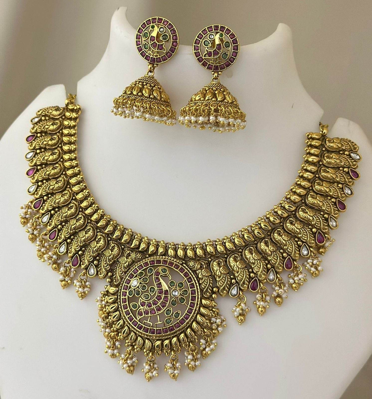 Nagasi Work with Kempu Stones Bridal Necklace