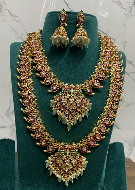 Nagasi Work with Kempu Stones Bridal Combo Set - Nakshatra Jewels