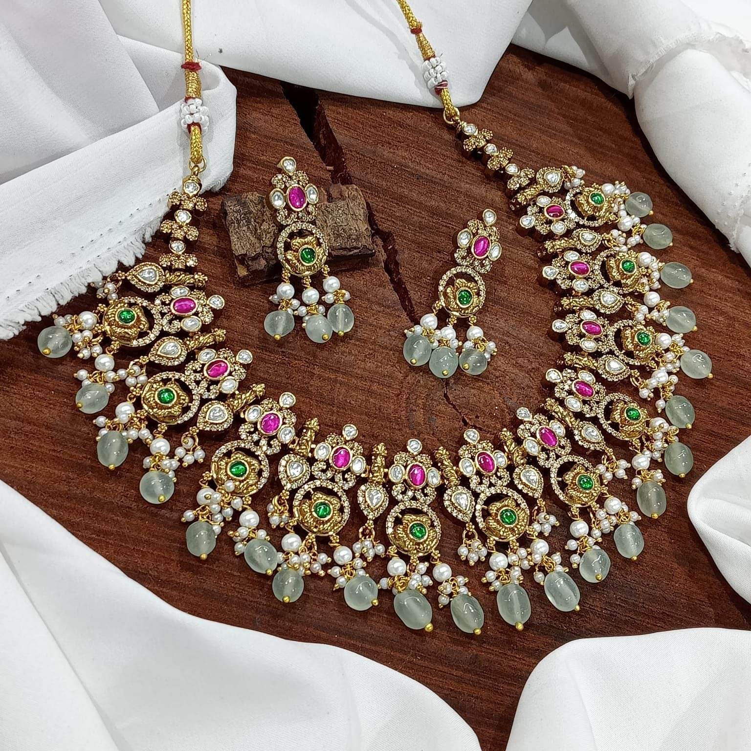 Victorian Polish with Jadau Kundan & AD Stones Bridal Necklace - Nakshatra Jewels