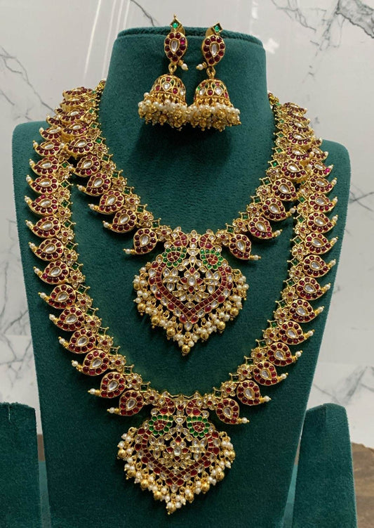 Nagasi Work with Kempu Stones Bridal Combo Set - Nakshatra Jewels