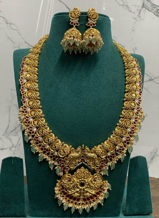 Nagasi Work with Kempu Stones Bridal Haram - Nakshatra Jewels