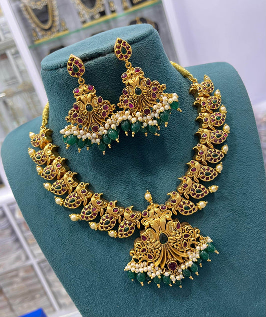 Nakshi Work with Kempu Stones Bridal Necklace - Nakshatra Jewels