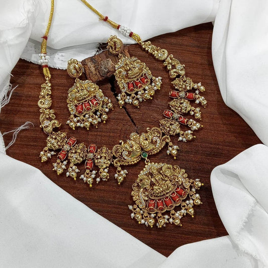 Nakshi Work with AD & Coral beads Bridal Necklace - Nakshatra Jewels