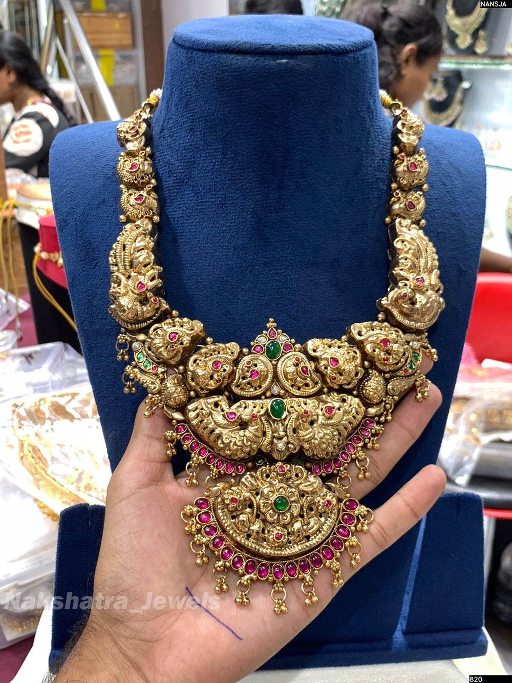 Antique Polish Nakshi Work with Jadau Kundan Stones Bridal Haram (Hand made) - Nakshatra Jewels