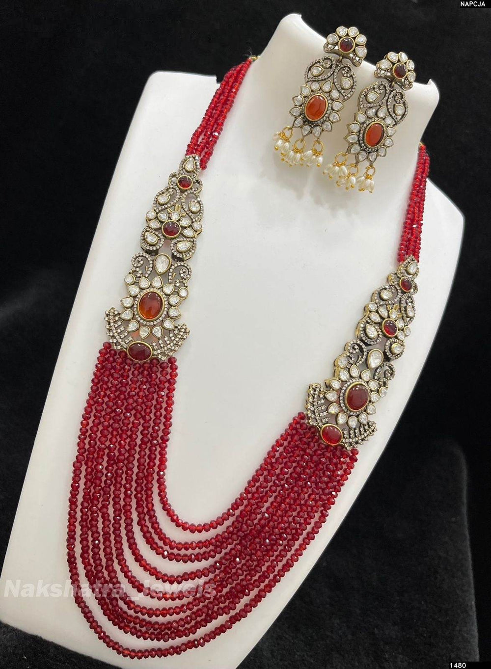 Victorian Polish AD Stones Side Pendent with Beads Haram - Nakshatra Jewels