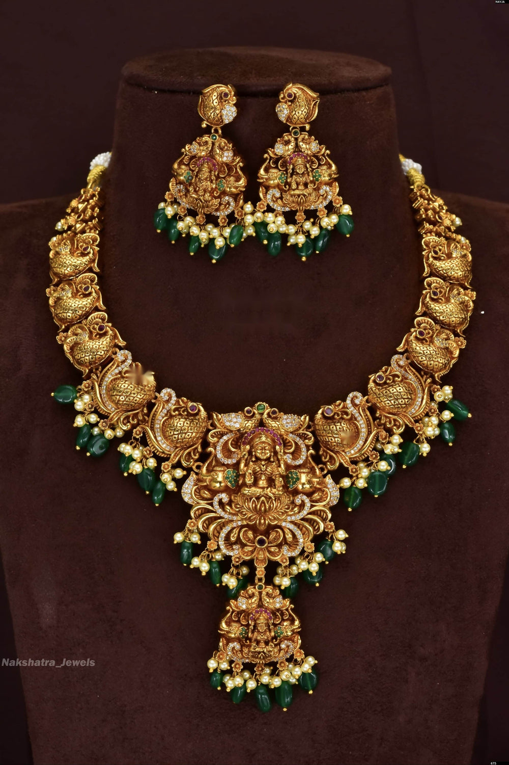 Nakshi Work with Kempu Stones Bridal Necklace - Nakshatra Jewels