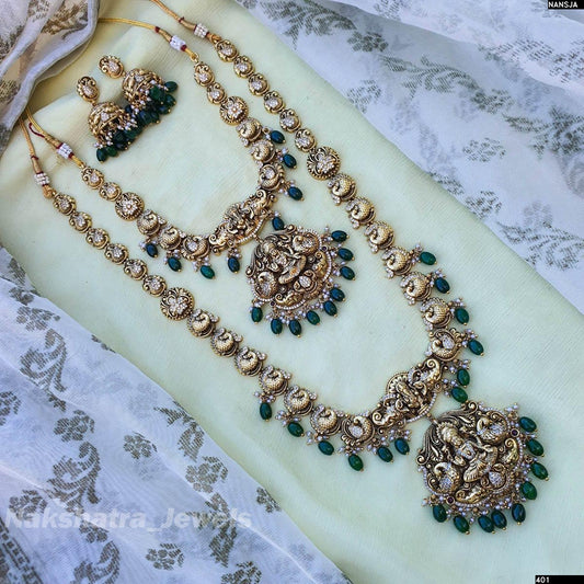 Nakshi Work with AD Stones Bridal Combo Set (Gold Replica)