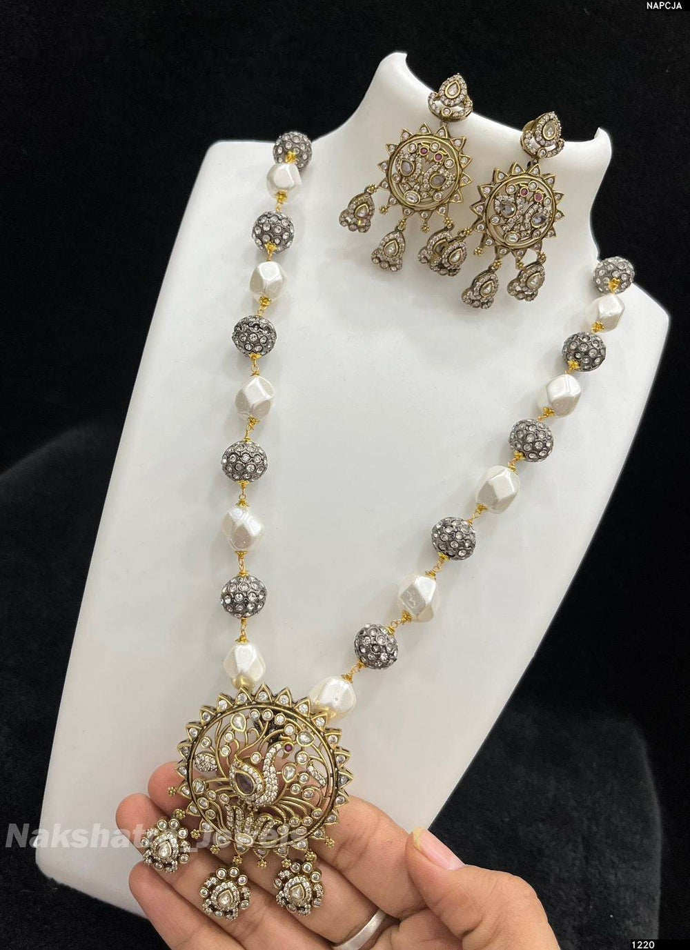 Victorian Polish AD Stones Pendent with Beads Haram - Nakshatra Jewels