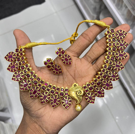 Nakshi Work with Kempu Stones Bridal Neck set - Nakshatra Jewels