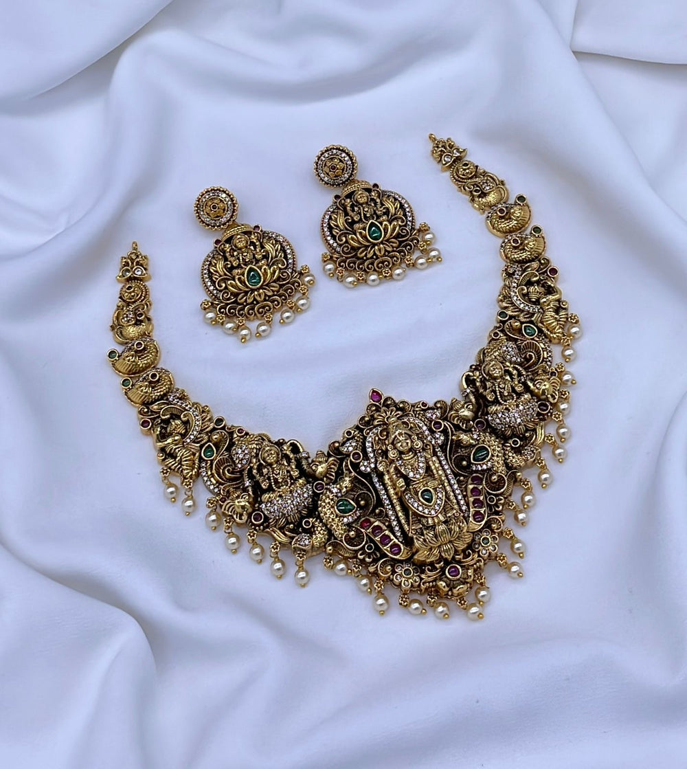 Nakshi Work with Kempu and AD Stones Bridal Necklace