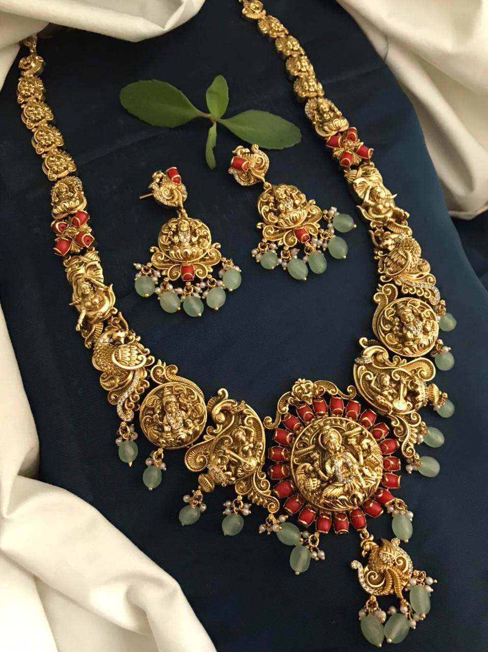 Nakshi Work with AD & Coral beads Bridal Haram - Nakshatra Jewels