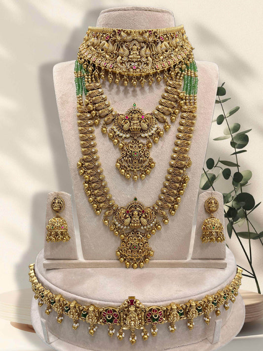 Nakshi Work with Jaadu Kundan Stones and Beads Bridal Combo Set - Nakshatra Jewels