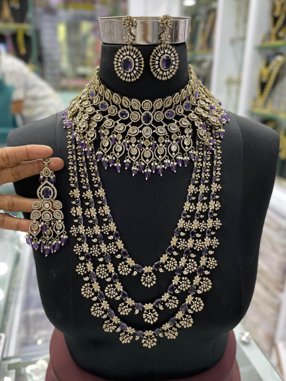 Victorian Polish with Moissanite Stones Bridal Combo set - Nakshatra Jewels