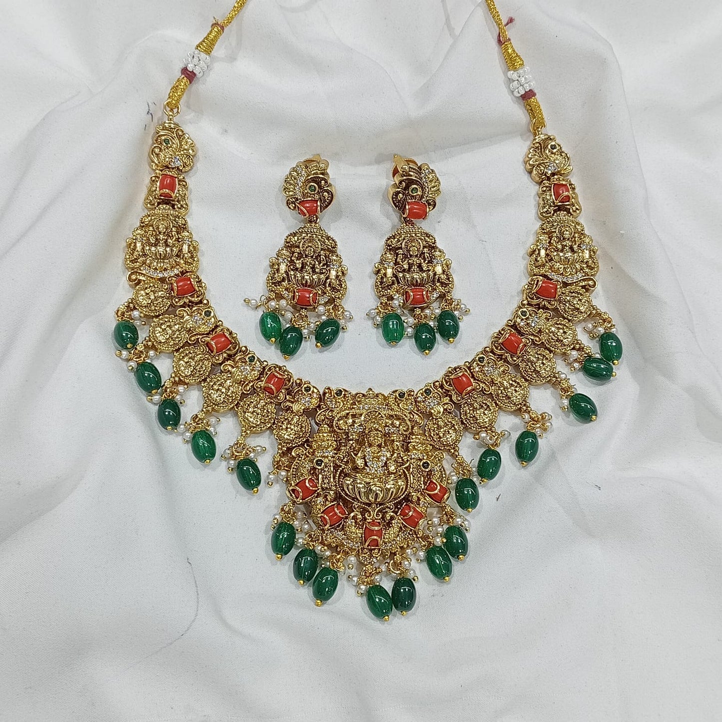 Nakshi work with Coral beads & AD Stones Necklace