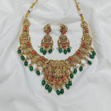 Nakshi work with Coral beads & AD Stones Necklace - Nakshatra Jewels