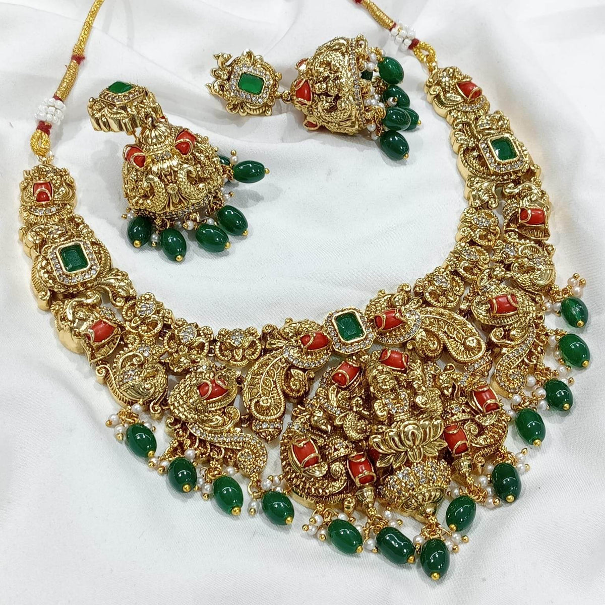 Nakshi work with AD Stones & Coral beads Necklace