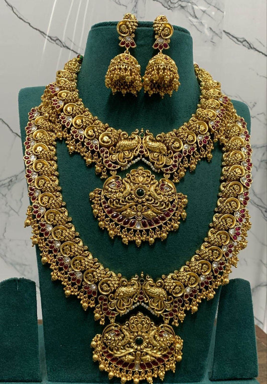 Nagasi Work with Kempu Stones Bridal Combo Set - Nakshatra Jewels