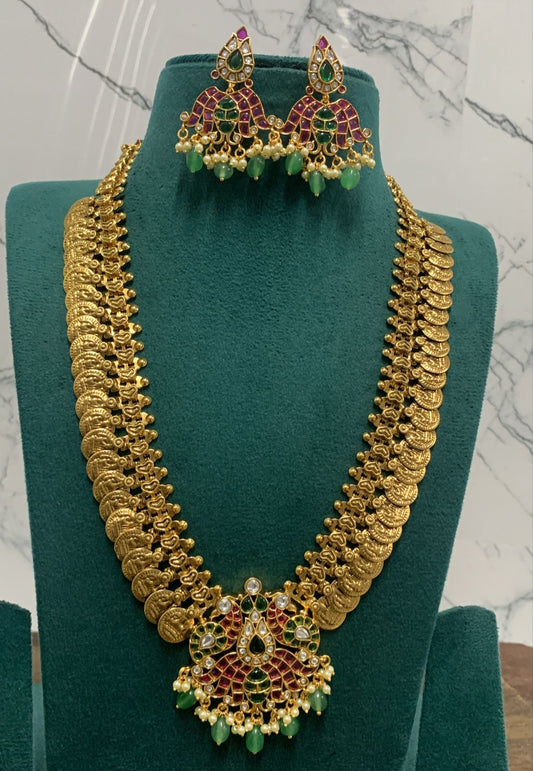 Nakshi Work Kasu Haram with Kundan Stones Pendent