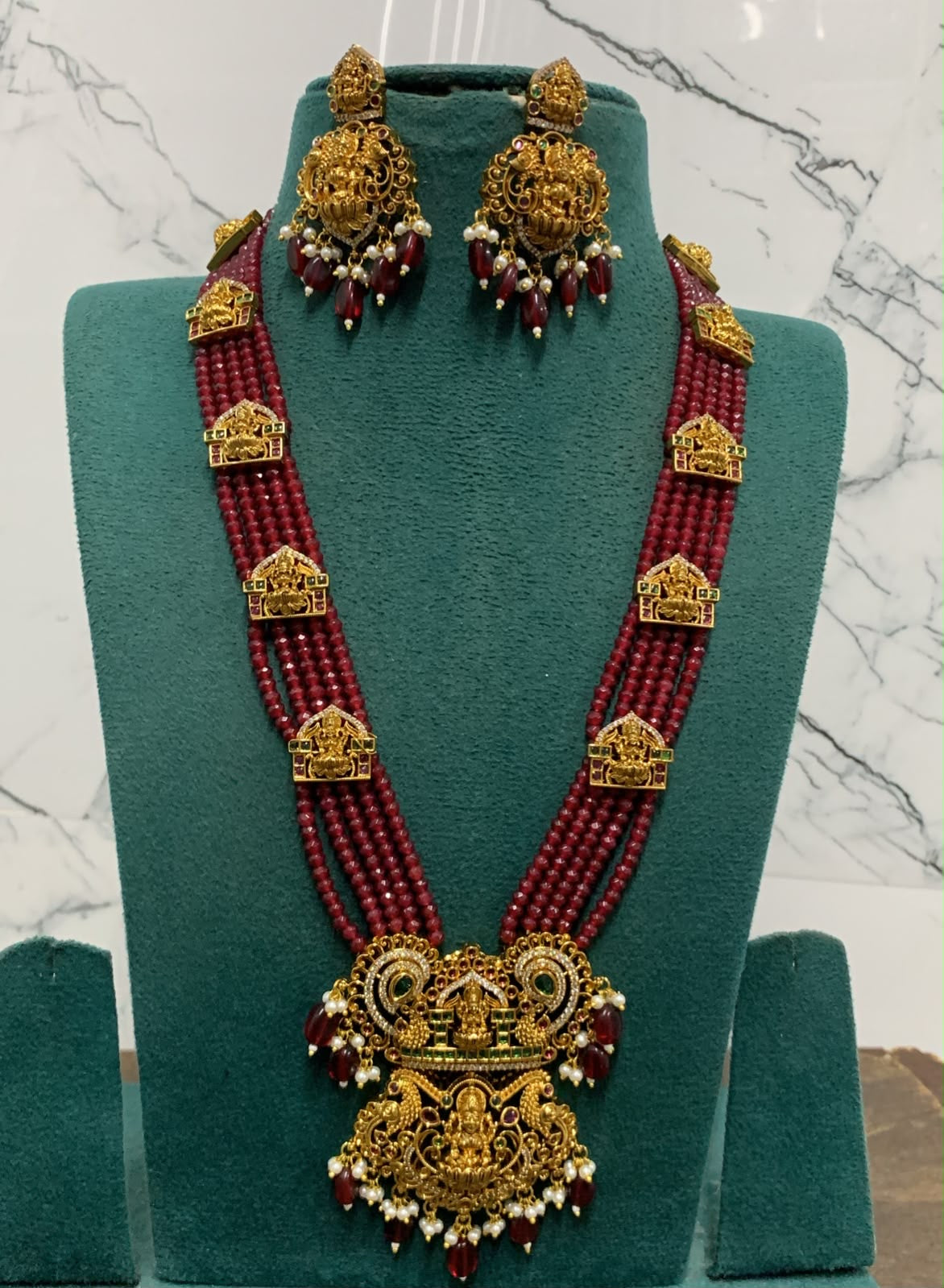 Nakshi Work Pendent with Beads and Kempu Stones Haram