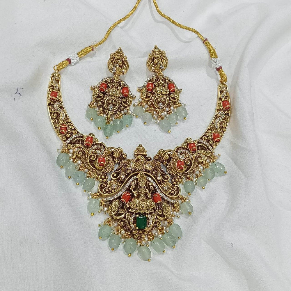 Nakshi work with Coral beads & AD Stones Necklace - Nakshatra Jewels