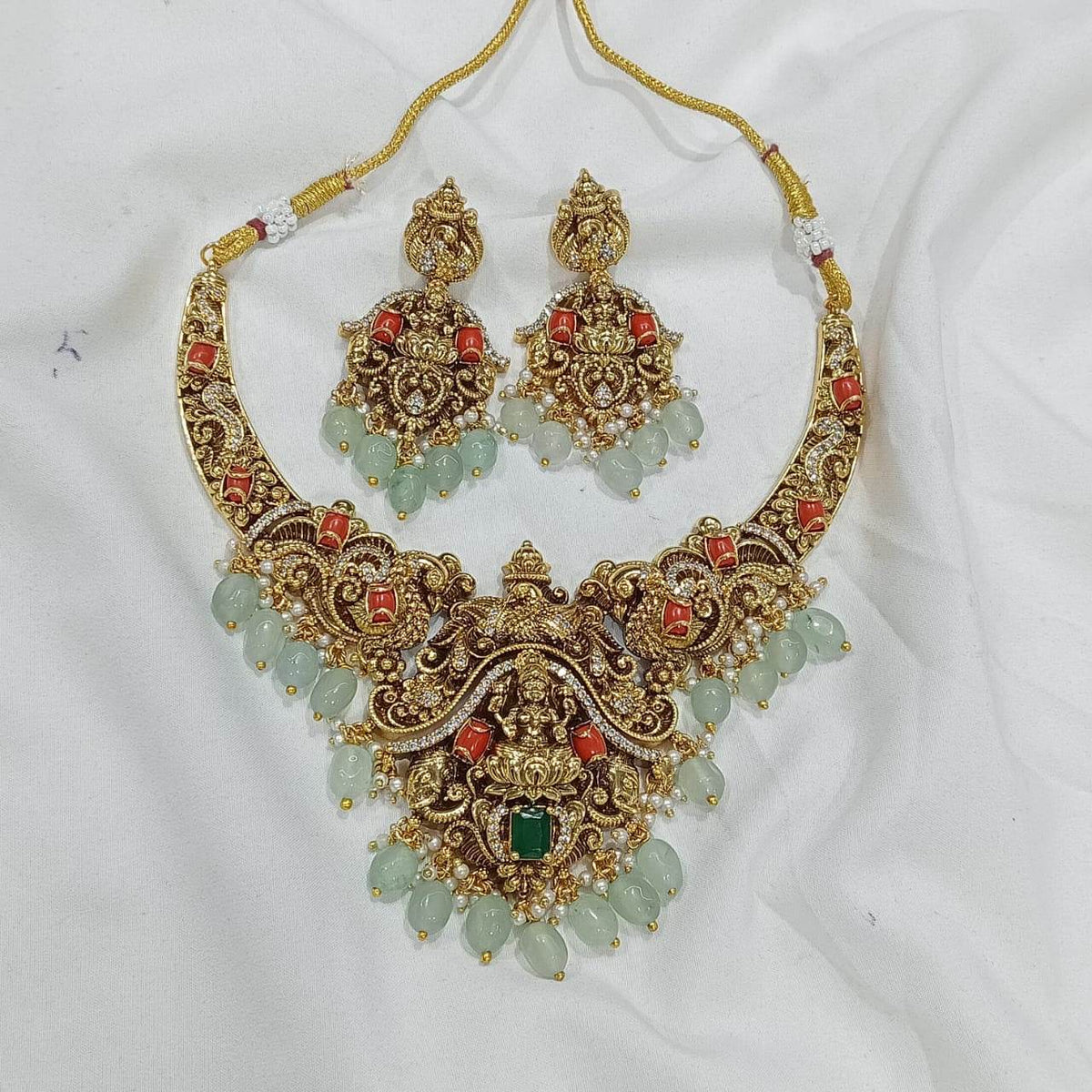 Nakshi work with Coral beads & AD Stones Necklace