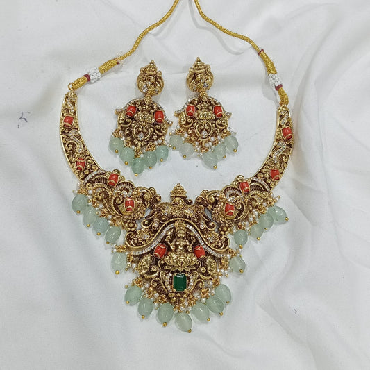 Nakshi work with Coral beads & AD Stones Necklace