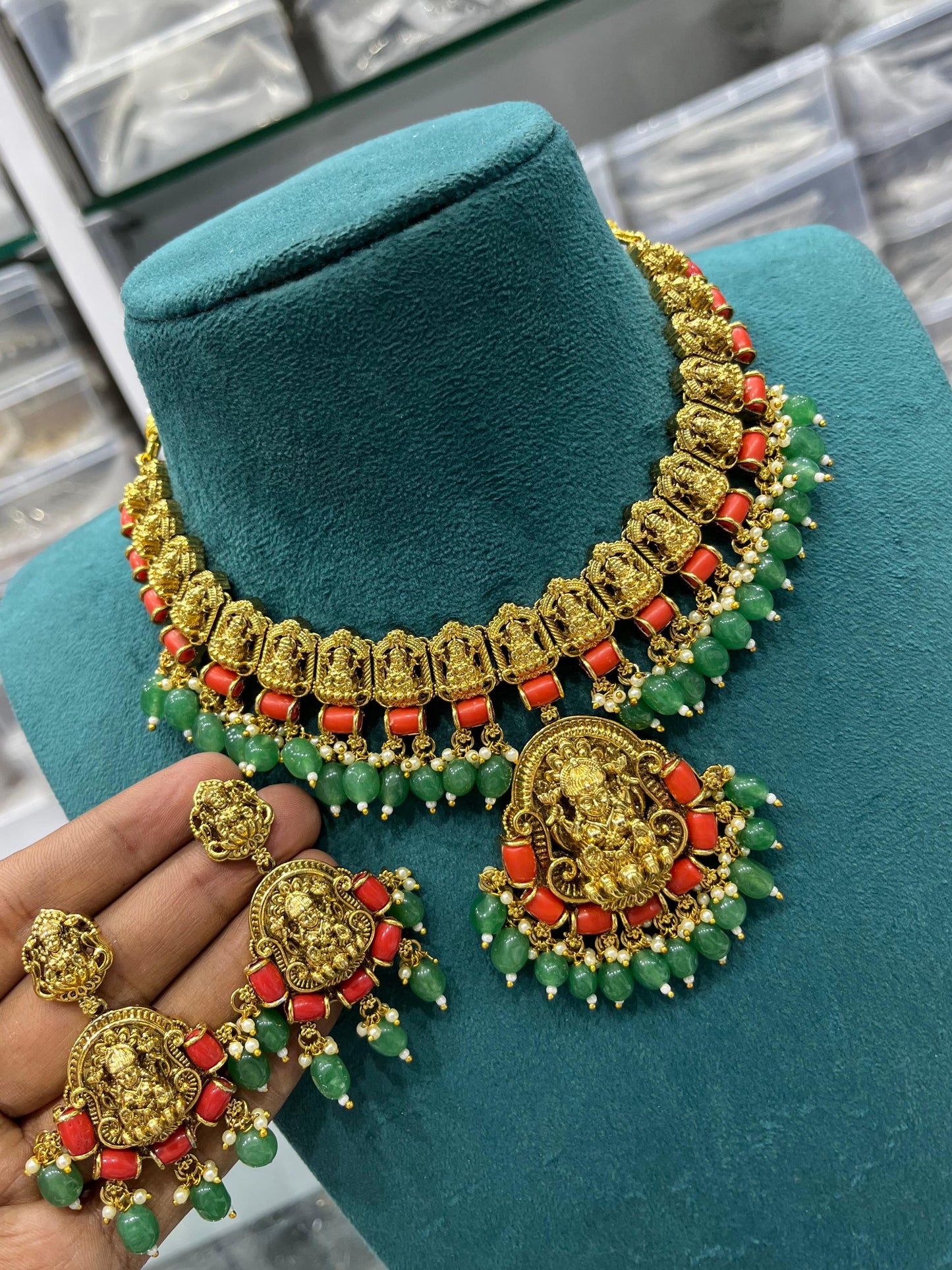 Nagasi Work with AD Stones & Coral Beads Necklace