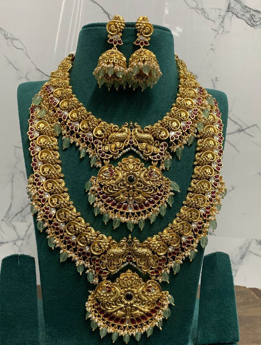 Nagasi Work with Kempu Stones Bridal Combo Set - Nakshatra Jewels