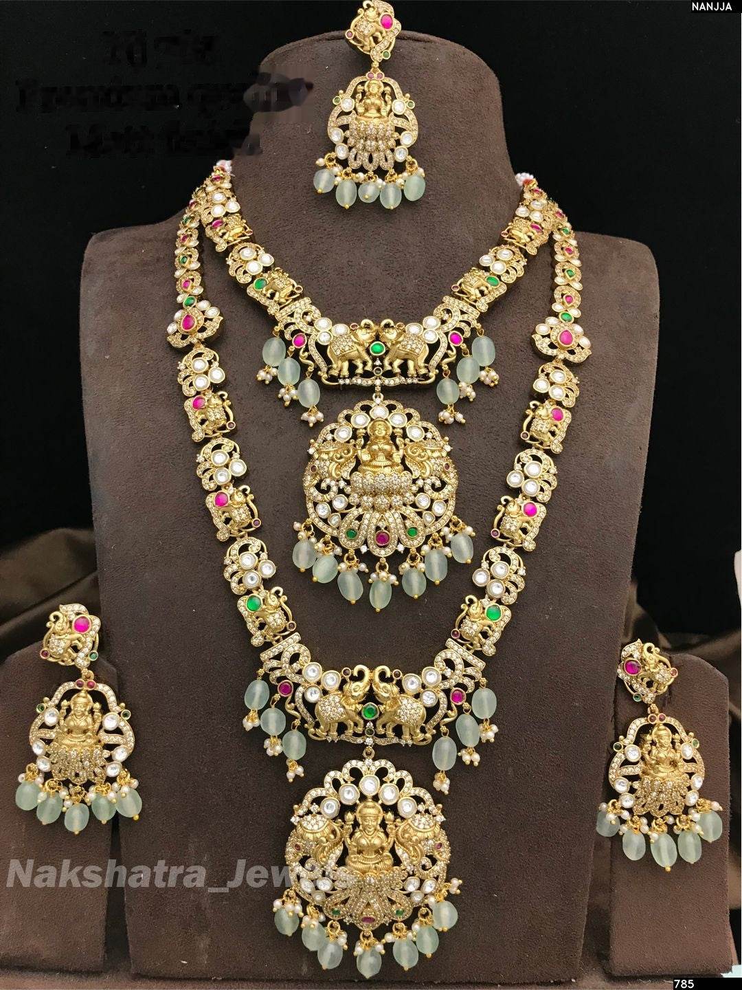 Victorian Polish with Nakshi Work Bridal Combo Set (Jaadu Kundan Stones)