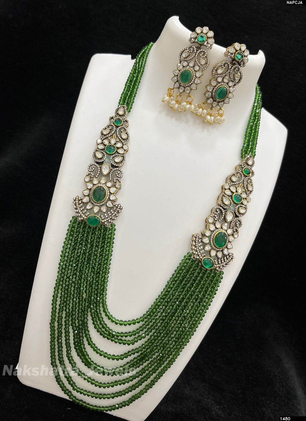 Victorian Polish AD Stones Side Pendent with Beads Haram - Nakshatra Jewels