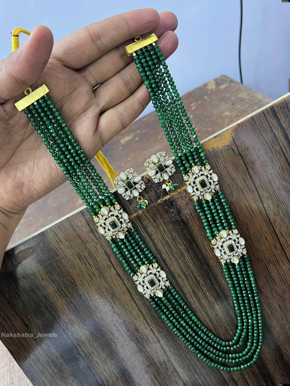 Victorian Polish AD Stones Side Pendent with Beads Haram - Nakshatra Jewels