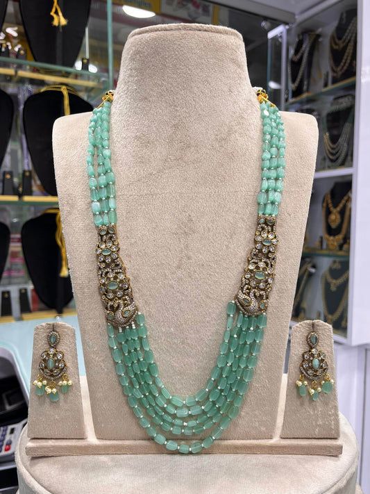 Victorian Polish AD Stones Side Pendent with Beads Haram - Nakshatra Jewels
