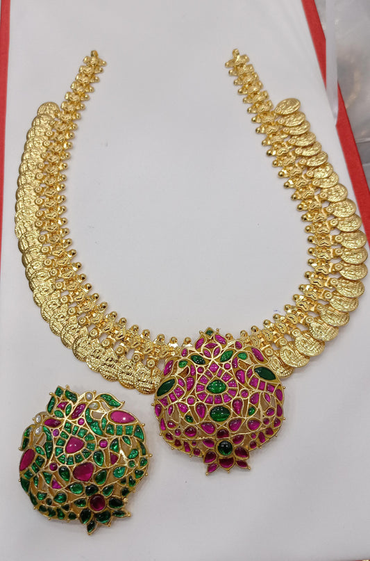 Nakshi Work Kasu mala with Jaadu Kundan Stones Pendent Haram