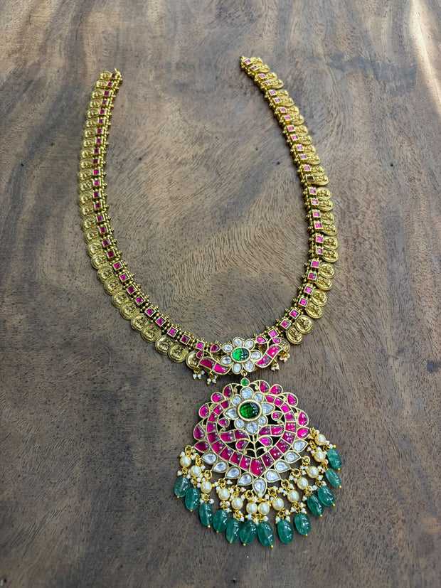 Nakshi Work Kasu Haram with Kundan Stone Pendent