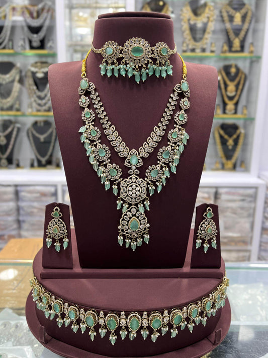Victorian Polish with Moissanite Stones Bridal Combo set - Nakshatra Jewels