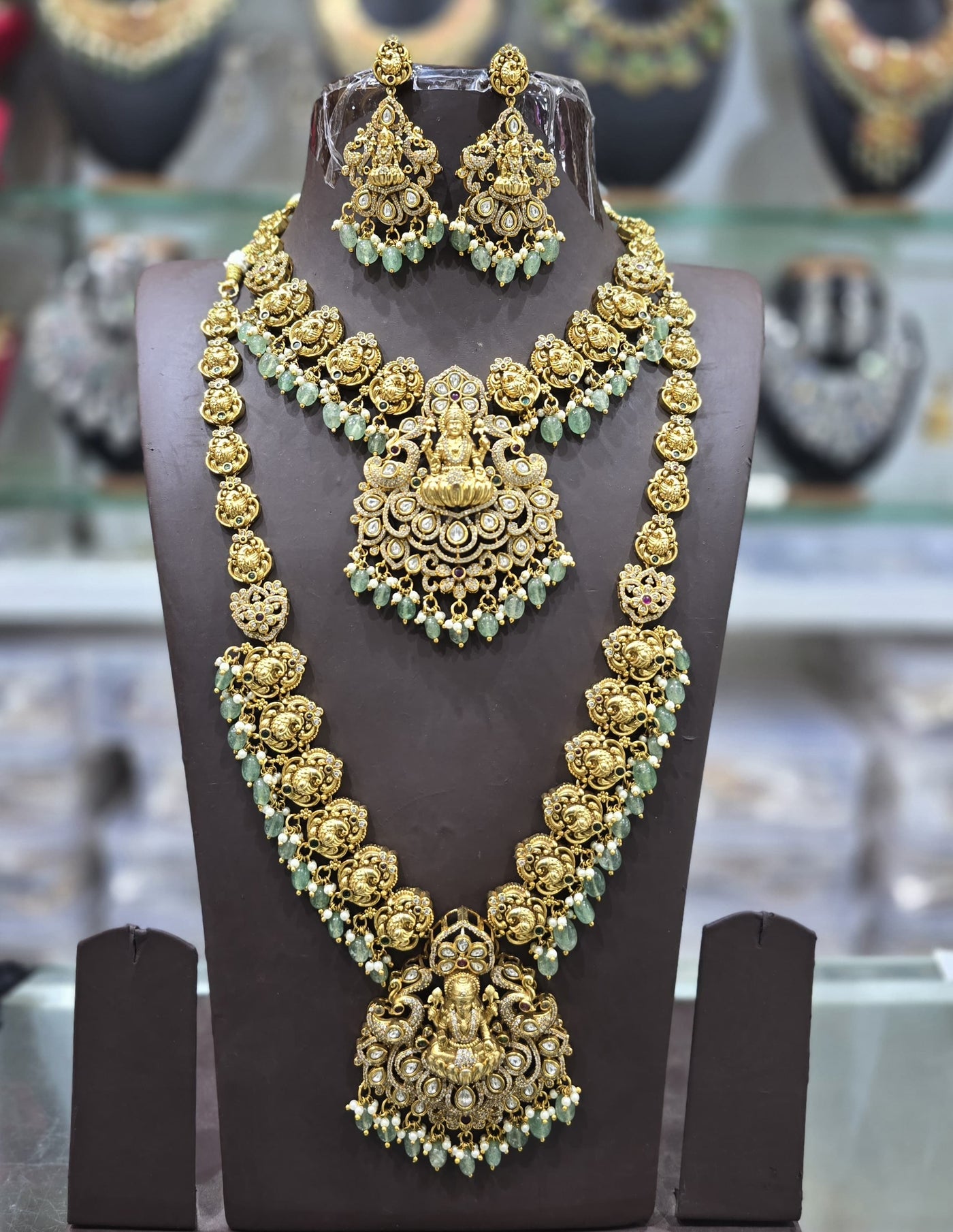 Nakshi work with Kempu and AD Stones Bridal Combo Set