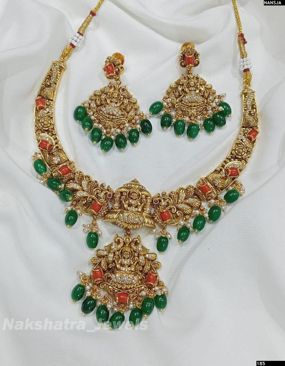 Nakshi Work with AD & Coral Beads Necklace