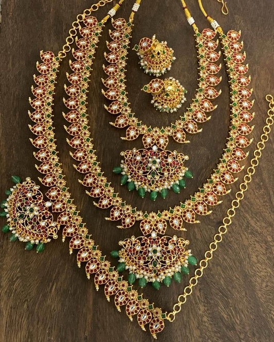 Nakshi Work with Kempu Stones Bridal Combo Set - Nakshatra Jewels