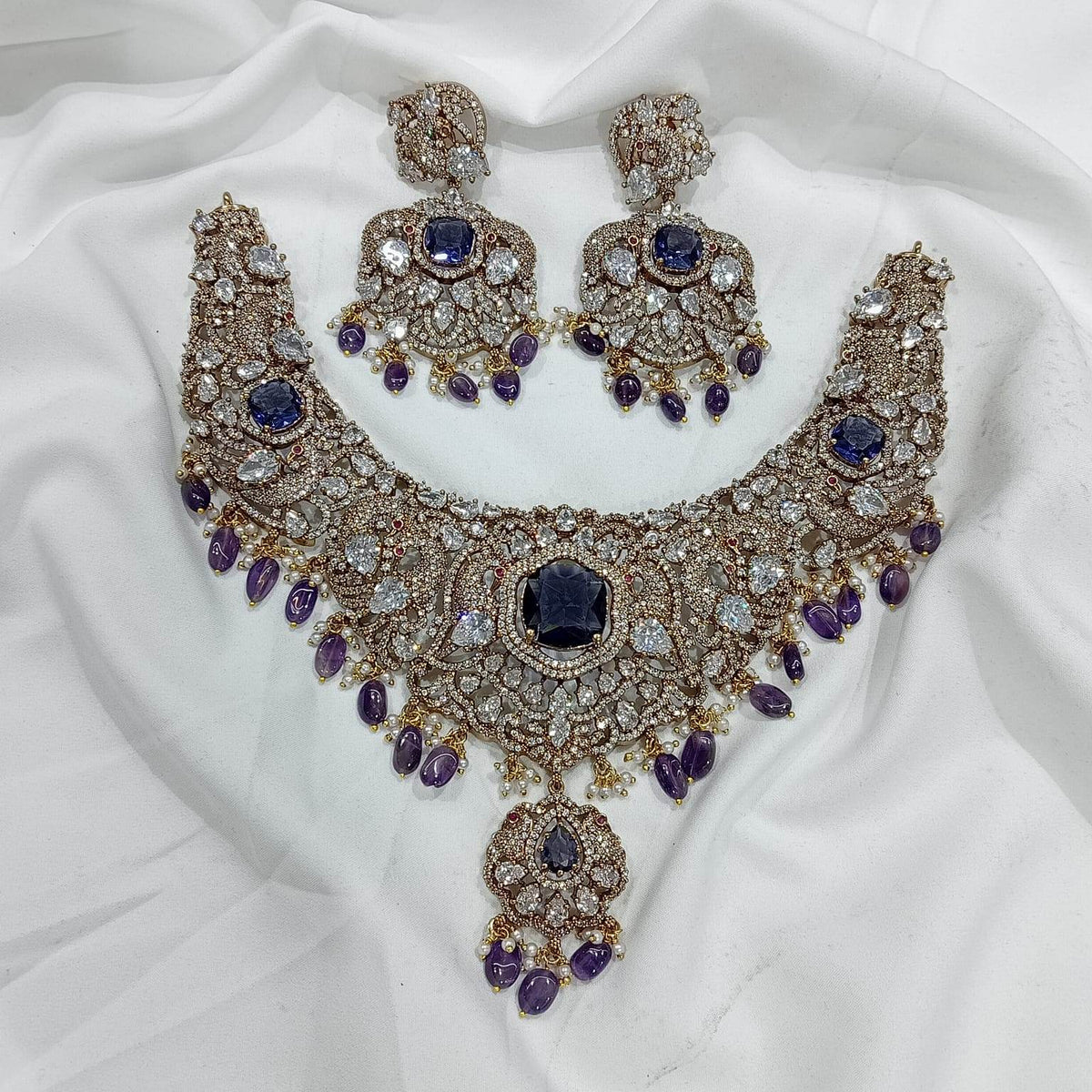 Victorian Polish with AD & Moissanite Stones Necklace (Diamond Replica)