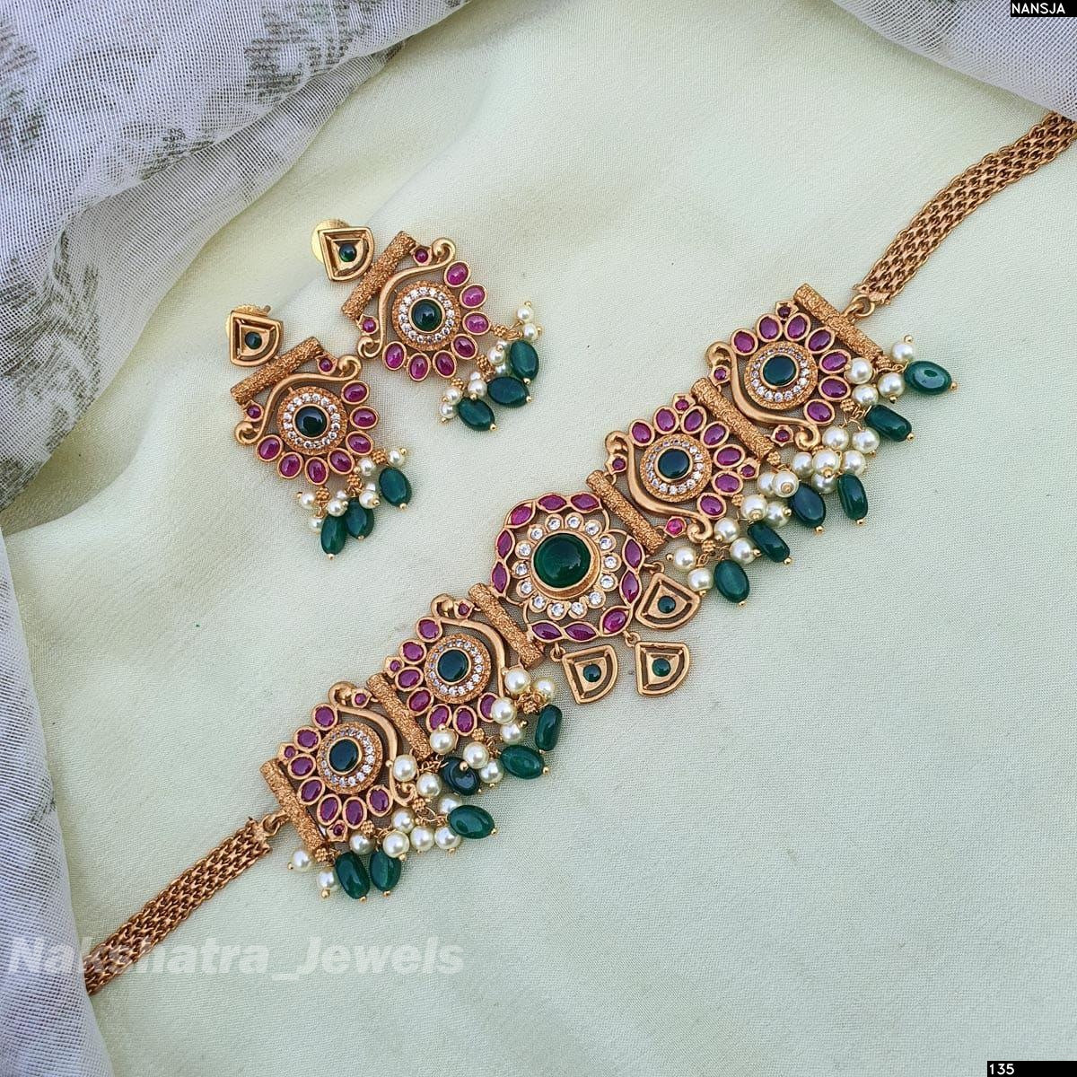 Nagasi work with Kempu Stones Bridal Choker